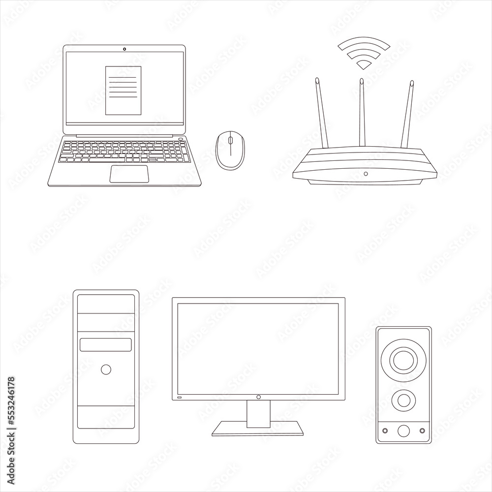 Set of realistic flat computers, keyboards, wi fi router, column, screen. Set of realistic flat computers, keyboards, wi fi router, column, screen.
