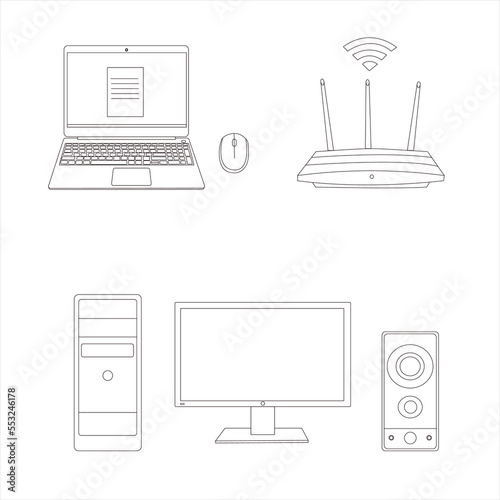 Set of realistic flat  computers, keyboards, wi fi router, column, screen.