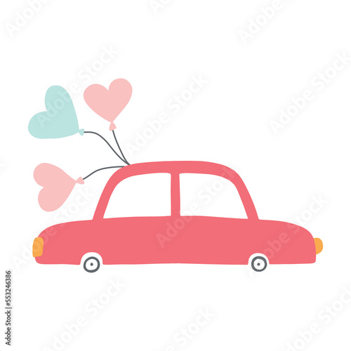Cute red car with balloons. Valentines Day car. Vector illustration in a flat hand drawn style.