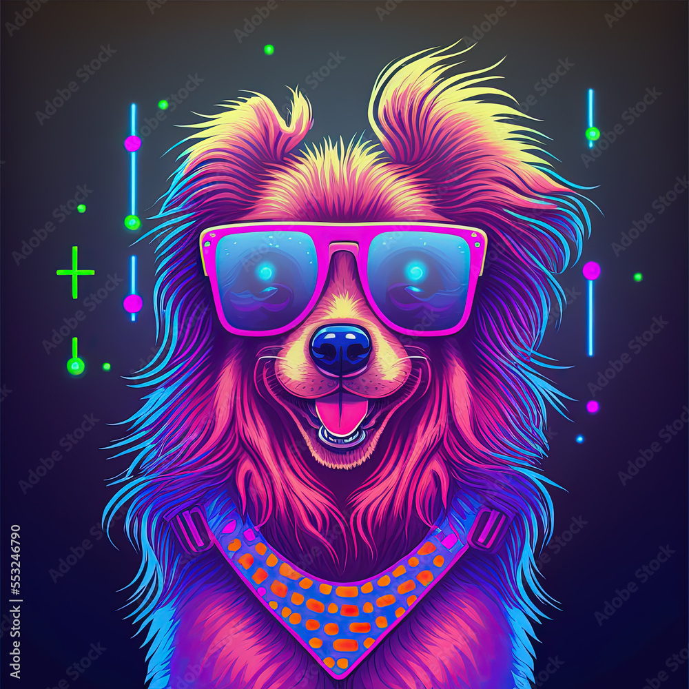 Cool neon party dog in sunglasses. Generative AI. Not based on any