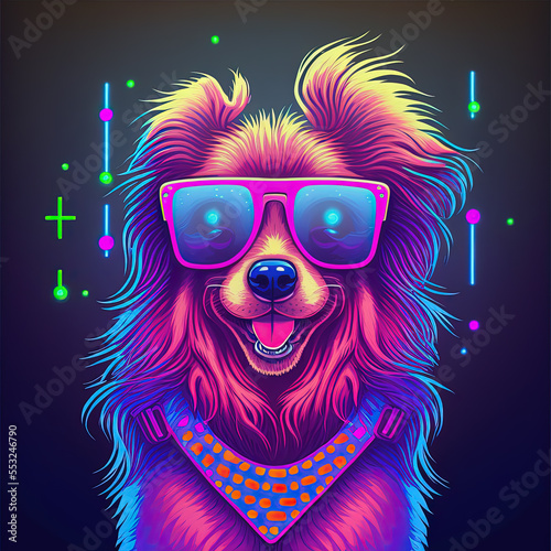Cool neon party dog in sunglasses. Generative AI. Not based on any © lermont51