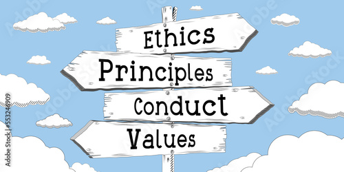 Ethics, principles, conduct, values - outline signpost with four arrows
