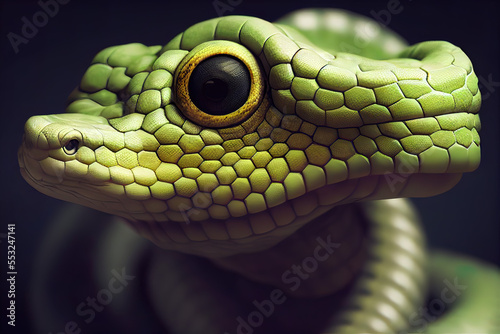 Lustige grüne Schlange in Nahansicht, Generative AI photo