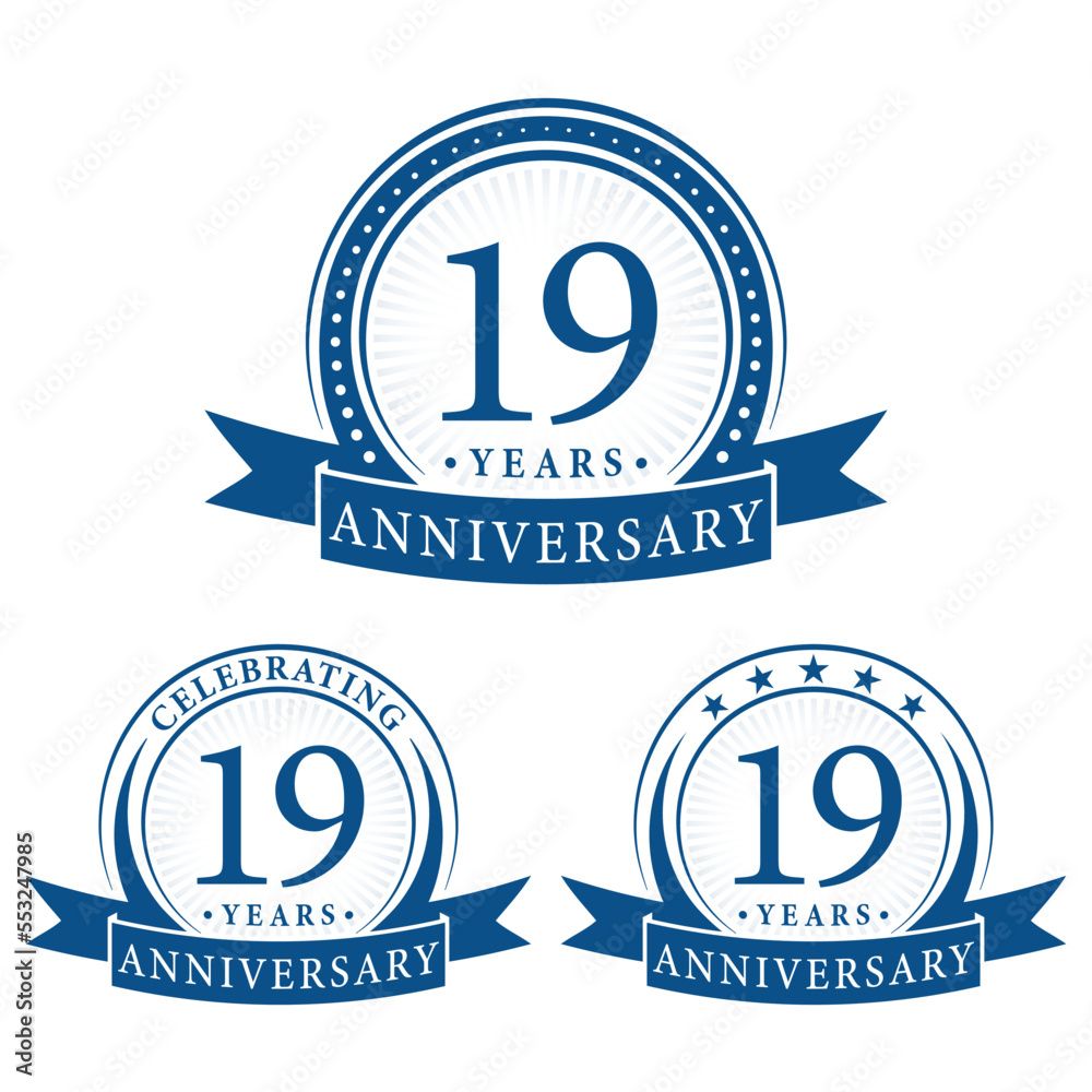 19 years anniversary logo collections. Set of 19th Anniversary design template. Vector and illustration. 19 years anniversary logo collections. Set of 19th Anniversary design template. Vector and illustration.