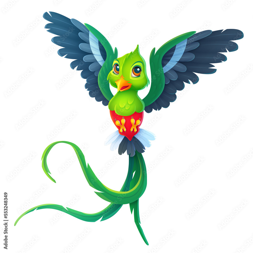PNG cartoon illustration of cheerful cute quetzal bird, symbol of Guatemala and freedom.