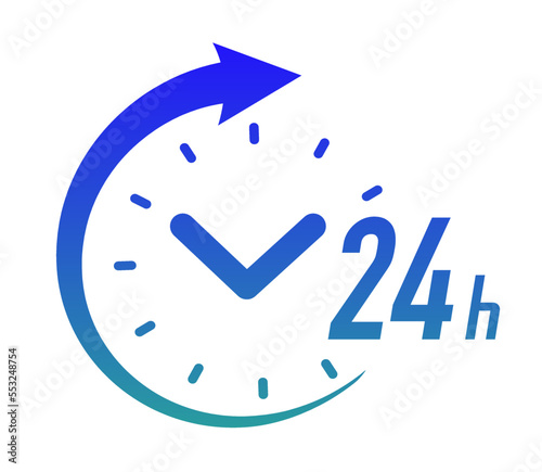 24 hours timer vector symbol black color style isolated on white background. Clock, stopwatch, cooking time label. 10 eps
