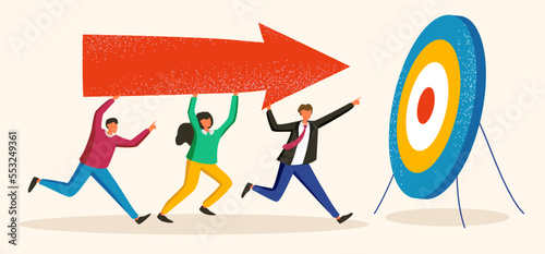 People carry big arrow to target. Team reaches goal. Workers have achievement. Vector Illustration 10 eps
