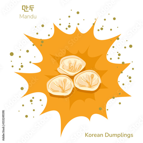 Traditional korean street food dumplings poster. Korean mandu. Translation from korean dumplings. Asian food snack. Vector illustration.