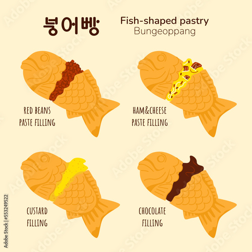 Korean street food bungeoppang with different fillings red bean paste, custard, chocolate, ham and cheese. Translation from korean fish shaped pastry. Asian food promotion icons. Vector illustration.
