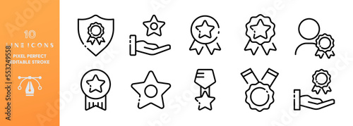 Award flat icons set. Editable stroke, hand, star, distinction, leadership, trophy, champion, leader, winner, favorite, competition, respect, best, award. success concept. Vector black line icons