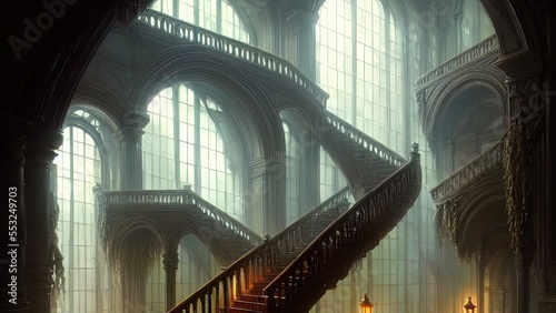 Staircase in the palace leading to the top. Large panoramic windows. Fantasy interior with a garden. Rays of the sun, shadows. Majestic staircase. AI