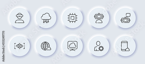 Gadgets neomorphic line icons set. VR glasses, cloud, data storage, server, processor, assistant, internet, computer, settings, user, smartphone. Technology concept. Vector neomorphic line icons set