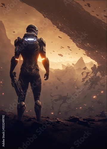 illustration numérique d'un soldat futurste en armure dans un monde de science fiction photo