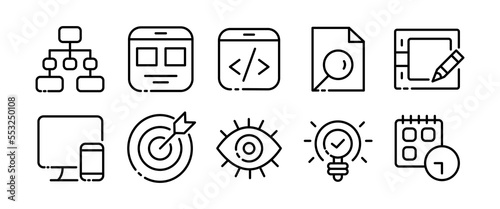 Information line icons set. Structure, graph, web page, internet, programming, focus, eye, goal, gadgets, smartphone, pc, idea, search, deadline. Technology concept. Vector black line icons set