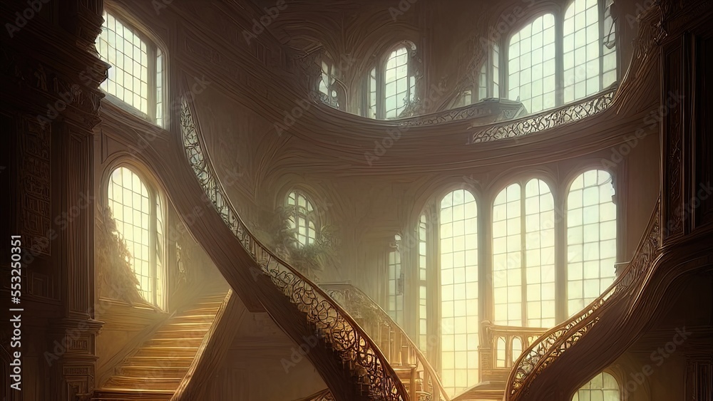 Staircase in the palace leading to the top. Large panoramic windows. Fantasy interior with a garden. Rays of the sun, shadows. Majestic staircase. AI