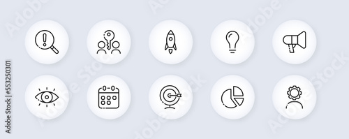Information neomorphic line icons set. Search, magnifying glass, password, share, diagram, key, deadline, settings, idea, target, focus, eye. Business concept. Vector black line icons set