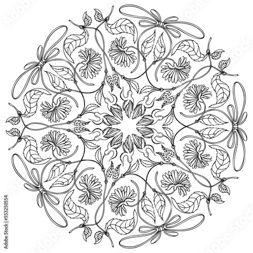 Asymmetry Black and white doodle Floral mandala. Bouquet line art vector illustration isolated on white background