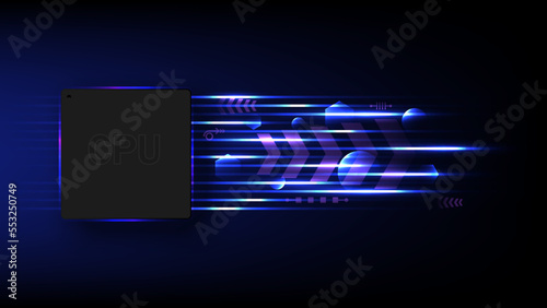 Hi Tech Abstract Background Microprocessor Bright glowing lines below with spheres and hexagons with elements on a blue gradient background.