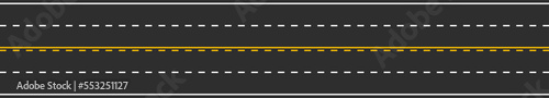 Seamless four-lane traffic road marking with dashed white lines and yellow solid and dashed lines. Horizontal straight asphalt road. Top view. Template design for educational websites. Vector