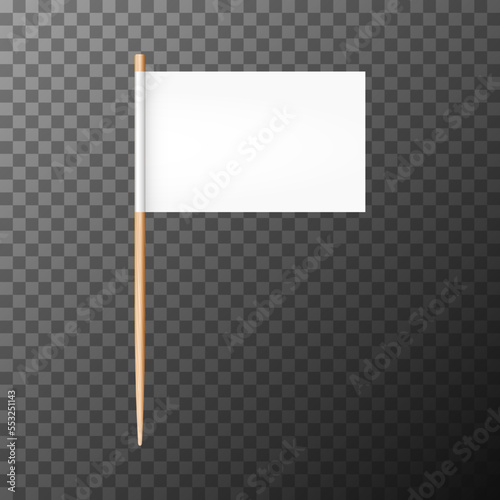 Toothpick with rectangle flag on transparent background. White realistic paper banner on wooden stick. Pennant for food, cocktail decoration or for location mark, map pointer. 3d vector illustration