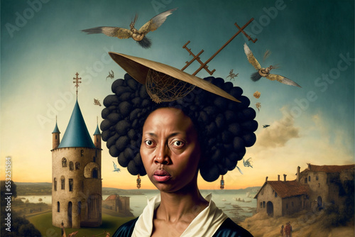 Generative AI portrait of black woman. Artistic rappresentation of black woman during colonialism. photo