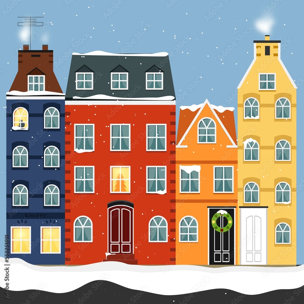 New Year . Danish houses in winter in the snow. Merry Christmas. houses in the winter
