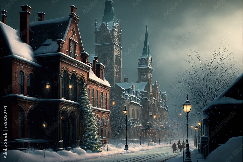 Fototapeta premium Cozy Christmas City in Winter Night Time with Buildings and Street Warm Lights Generative AI
