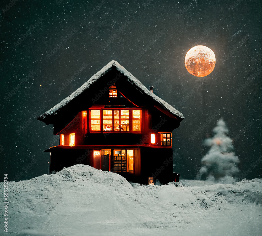 Winter house in night snow lanscape. Christmas view with full moon, spruce tree, village rural building .  Ai generated design