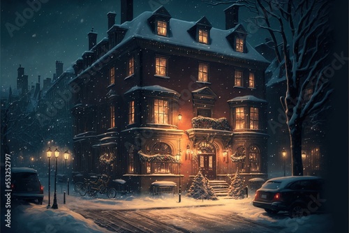 Cozy Christmas City in Winter Night Time with Buildings and Street Warm Lights Generative AI