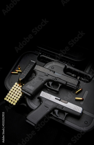 Modern semi-automatic pistols. A short-barreled weapon for self-defense. Arming the police, special units and the army. Isolate on a white back.