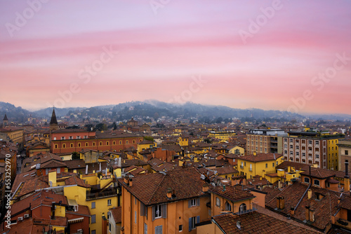 Top view from the drone of the city of Bologna at sunset. Best city in Italy Europe in 2022