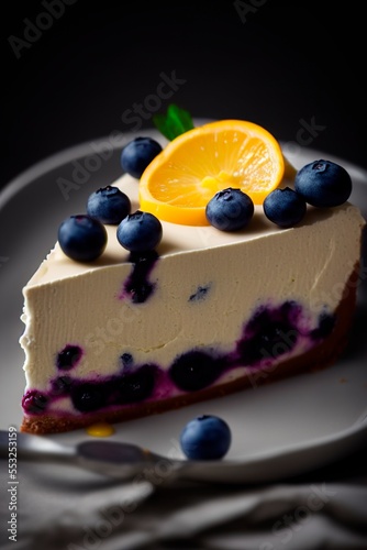 AI-Generated Image of a Delicious Lemon and Blueberry Cheesecake Slice