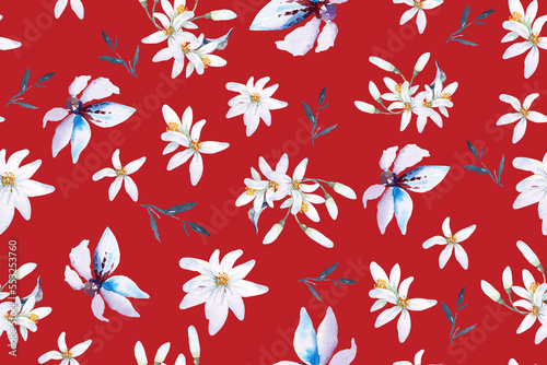 Seamless pattern of wild orchid and white flower painted in watercolor on red background.Designed for fabric luxurious and wallpaper  vintage style.Hand drawn floral pattern illustration.Flower patter