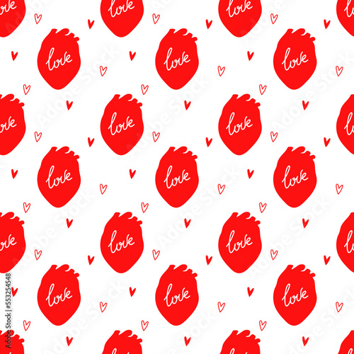 Seamless pattern with red hearts and love lettering on white background. Vector illustration with line art and doodles. Wallpaper for celebration design, banners, templates and other graphic 