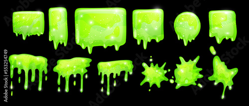 Slime vector frame set, green 3D jelly liquid toxic cartoon dripping mucus Halloween splat kit. Poison sticky goo, transparent spooky radioactive blob, paint splash blot. Green slime horror clipart