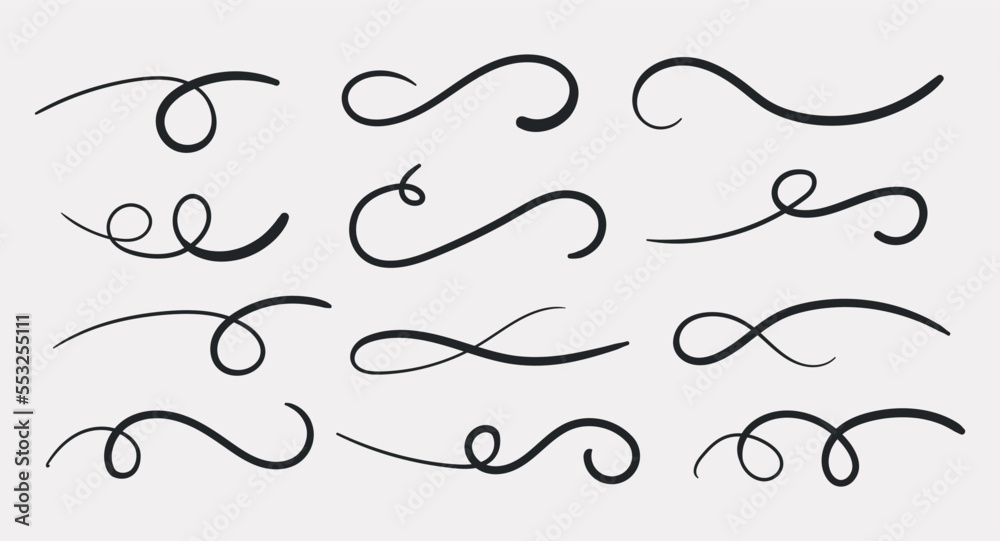 Swish doodle underline set. Hand drawn swoosh elements, calligraphy swirl or sport swoop text tails. Swash decorative strokes on white background, vector illustration. 10 EPS.