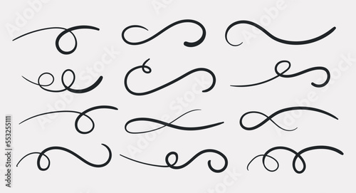 Swish doodle underline set. Hand drawn swoosh elements, calligraphy swirl or sport swoop text tails. Swash decorative strokes on white background, vector illustration. 10 EPS.