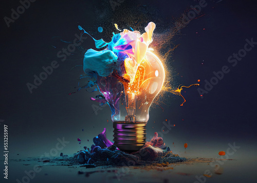 Fotografiet Creative light bulb explodes with colorful paint and splashes on a black background