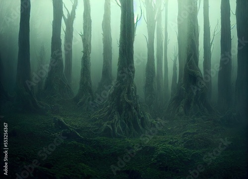 Creepy scarry forest of witch and heroic fantasy burton style old trees and swamp photo