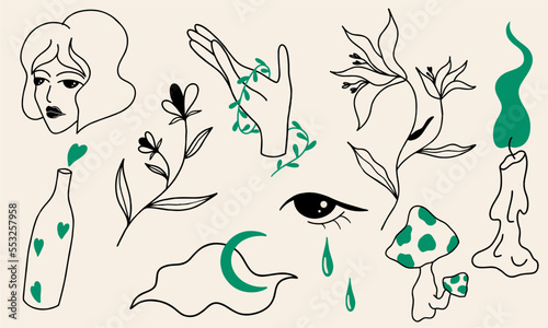 Linear set of fabulous stickers. Vector hand drawn sketch illustrations of flowers, girls, candle, hand, mushrooms, moon and bottle with hearts. Fashionable gothic retro style. Tattoo sketch.