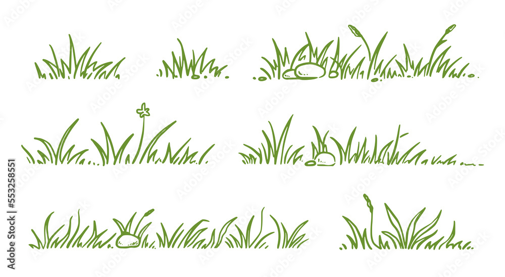 Fototapeta premium Grass doodle sketch style set. Hand drawn green grass field outline scribble background. Sprout, flower, clover elements. Vector illustration.