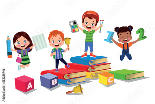 Vector illustration of cute kids with Abc blocks, abc letters