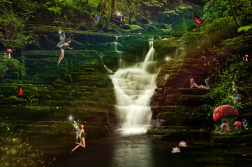Poster Feen und Elfen Feen am verzauberten Wasserfall  © Angie