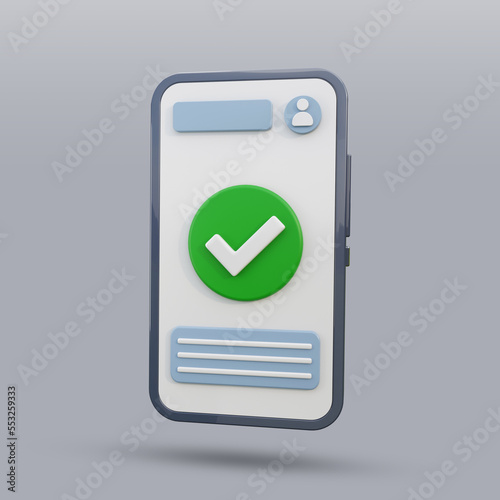Smartphone with check mark. Phone icon 3D rendering.