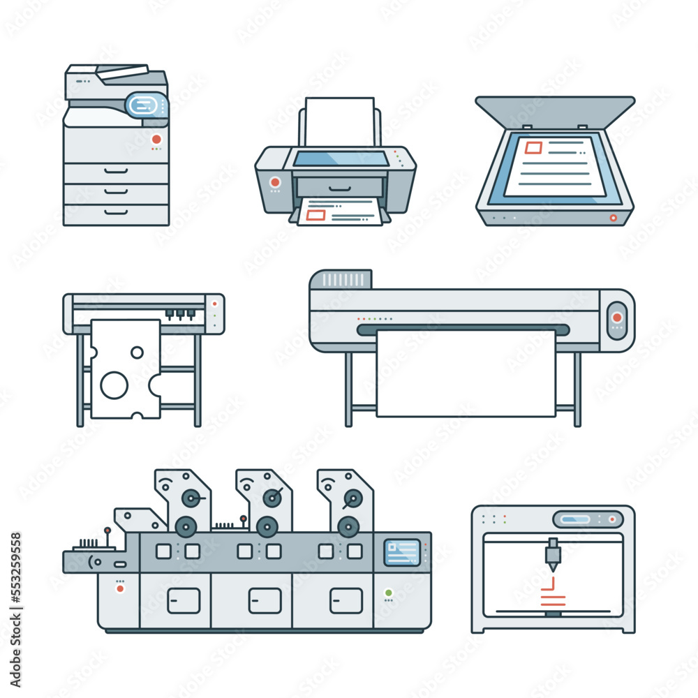 Data Collection Printer Vector Vetor de Collection of linear,flat Offset Printer,3D printer,Scanner ...
