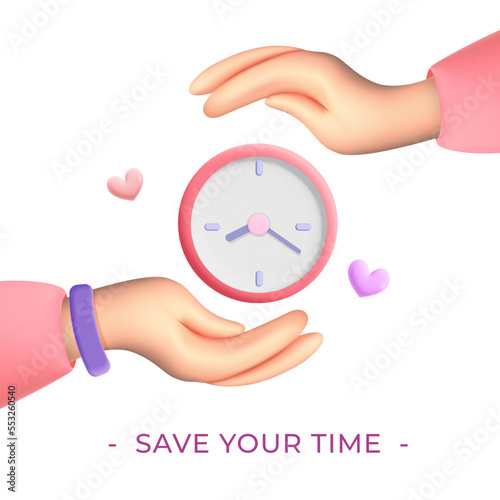 3d vector realistic render female hands holding timer clock icon save time concept design