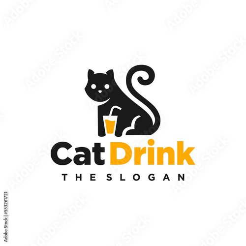 drinking cat logo. cat and cup logo, little cat holding juice drink with straw vector icon illustration