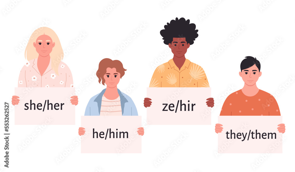 Young people holding sign with gender pronouns. She, he, they, ze, non ...