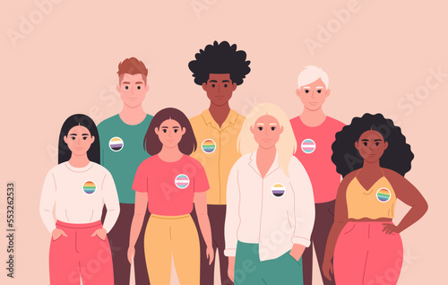 People with LGBT, non-binary pin. She, he, they, non-binary. Gender-neutral movement. LGBTQ community. Hand drawn vector illustration