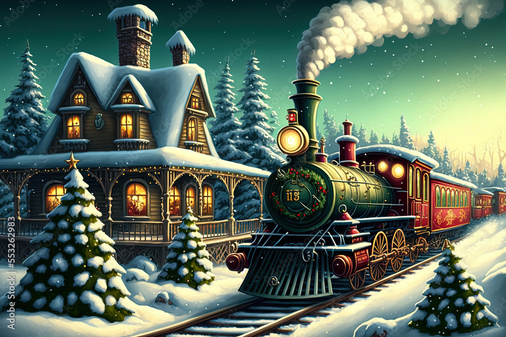 Christmas train going through village. Railway station. with steam illustration